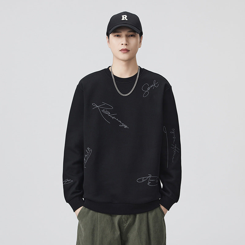 Men's Heavyweight Crewneck Sweatshirt Long Sleeve Loose Fit Embroidered Casual Outerwear Top Autumn Winter Streetwear