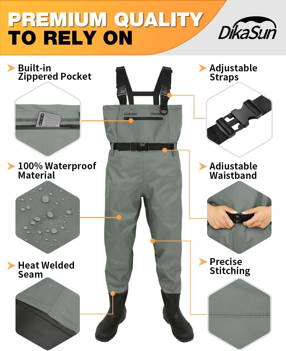 DikaSun Chest Waders with Boots — Lightweight Bootfoot Waders for Men & Women, Duck Hunting & Fly Fishing (US Sizes, Grey))