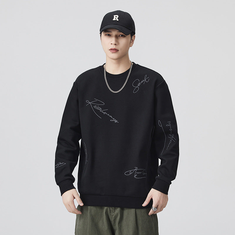 Men's Heavyweight Crewneck Sweatshirt Long Sleeve Loose Fit Embroidered Casual Outerwear Top Autumn Winter Streetwear