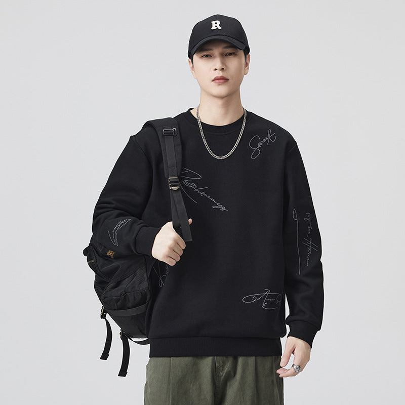 Men's Heavyweight Crewneck Sweatshirt Long Sleeve Loose Fit Embroidered Casual Outerwear Top Autumn Winter Streetwear